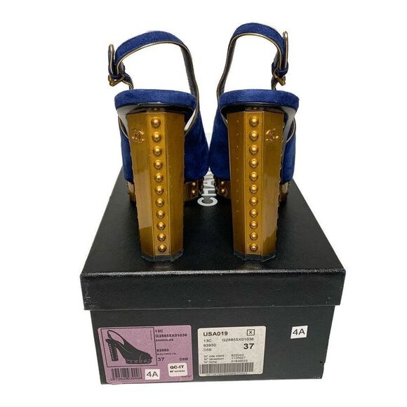 Chanel Blue Suede Gold Studded Interlocking C Slingback Heels EU 37 US 6-6.5 - Picture 12 of 12